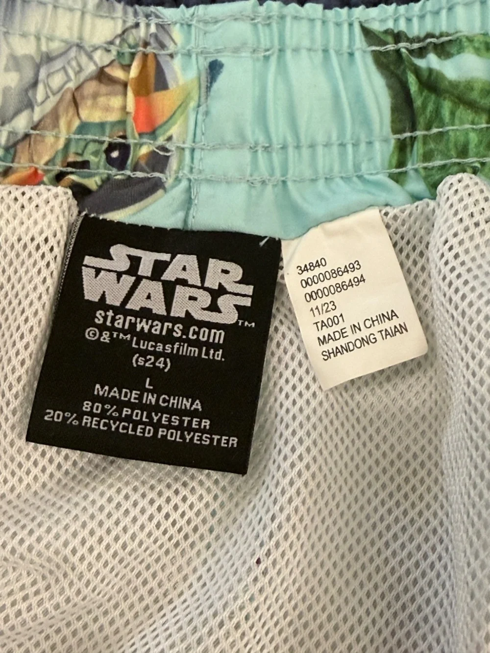 Star Wars Men Mandalorian Swim Trunks Shorts Sz lg Grogu Baby Yoda Blue Tropical